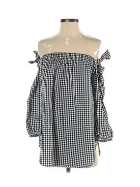 Gap Sz XS Black & White Gingham Off the Shoulder Tie Shirt 3/4 Sleeve